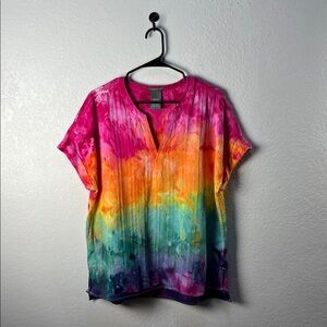 Matty M Women's Tie Dye Pink Cotton Top Cuff Short Sleeve V Neck Sz L Cotton